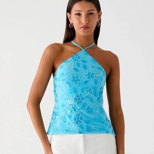 NWT Peppermayo Elegant Blue Floral Beaded Halter Top Open Back